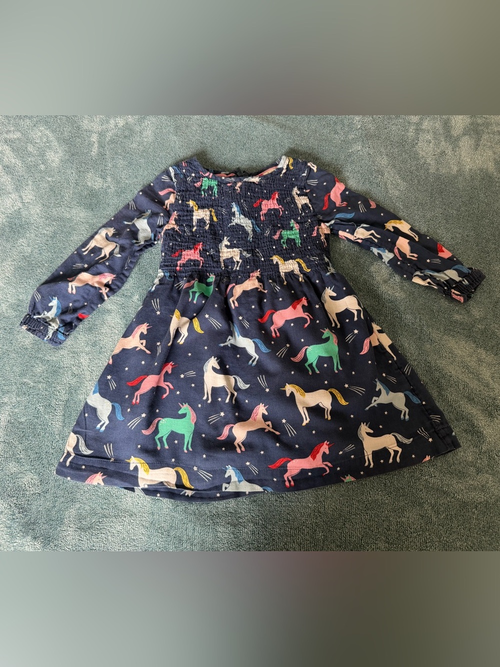 Mini Boden Girl's Blue Cotton Smocked Dress Long Sleeve Unicorns Print 2-3 Y